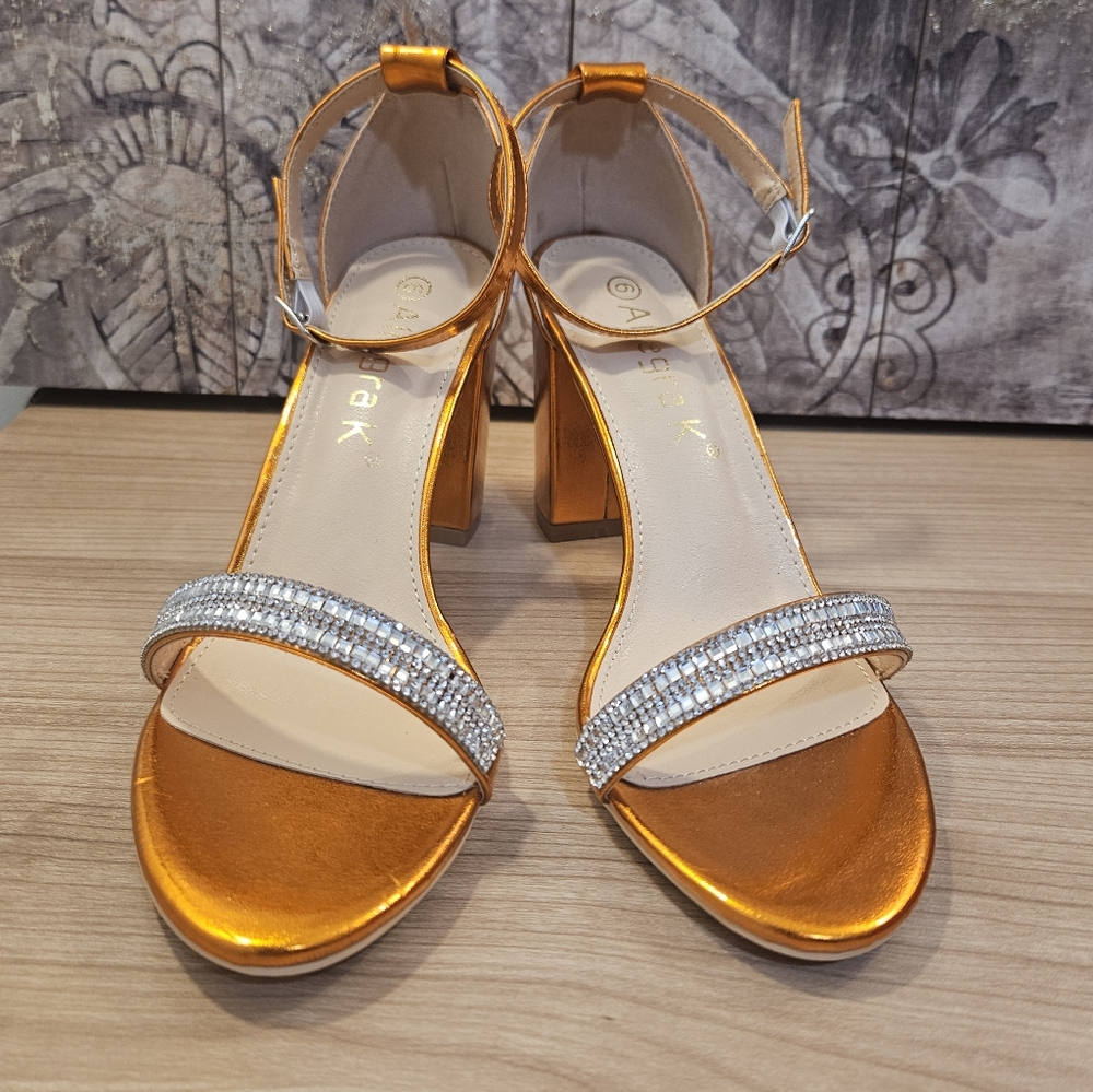 NEW Allegra K Rhinestone Ankle Strap Chunky Heel Sandals size 6 US Copper Orange